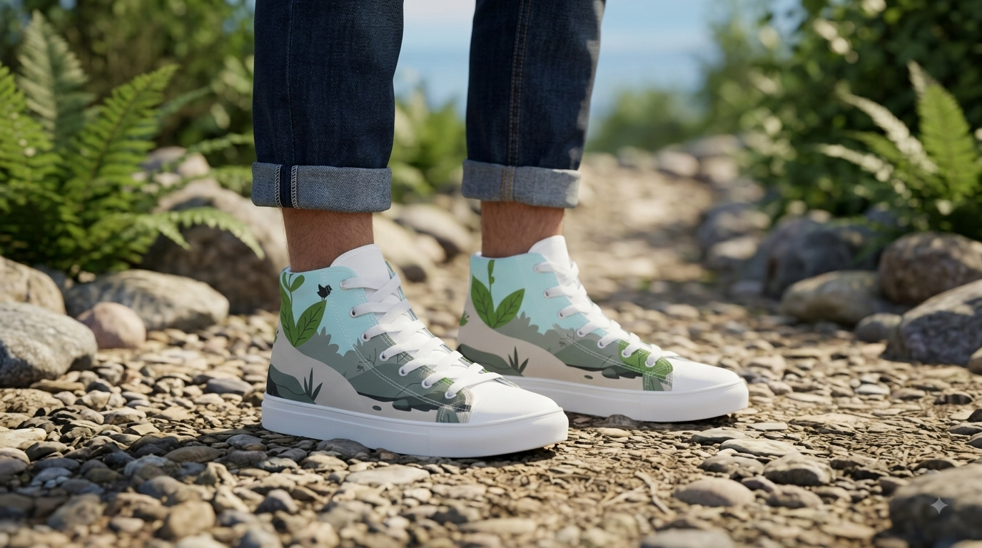 A person wearing cuffed dark blue jeans and a pair of white high-top sneakers with a green forest landscape print, standing on a rocky outdoor path.